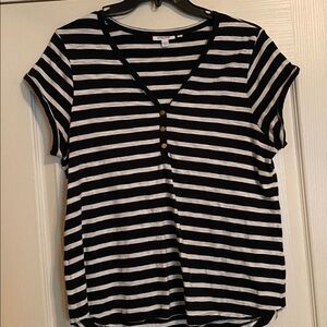CHICO’S NAVY WHITE STRIPE TEE WITH GOLD BUTTONS